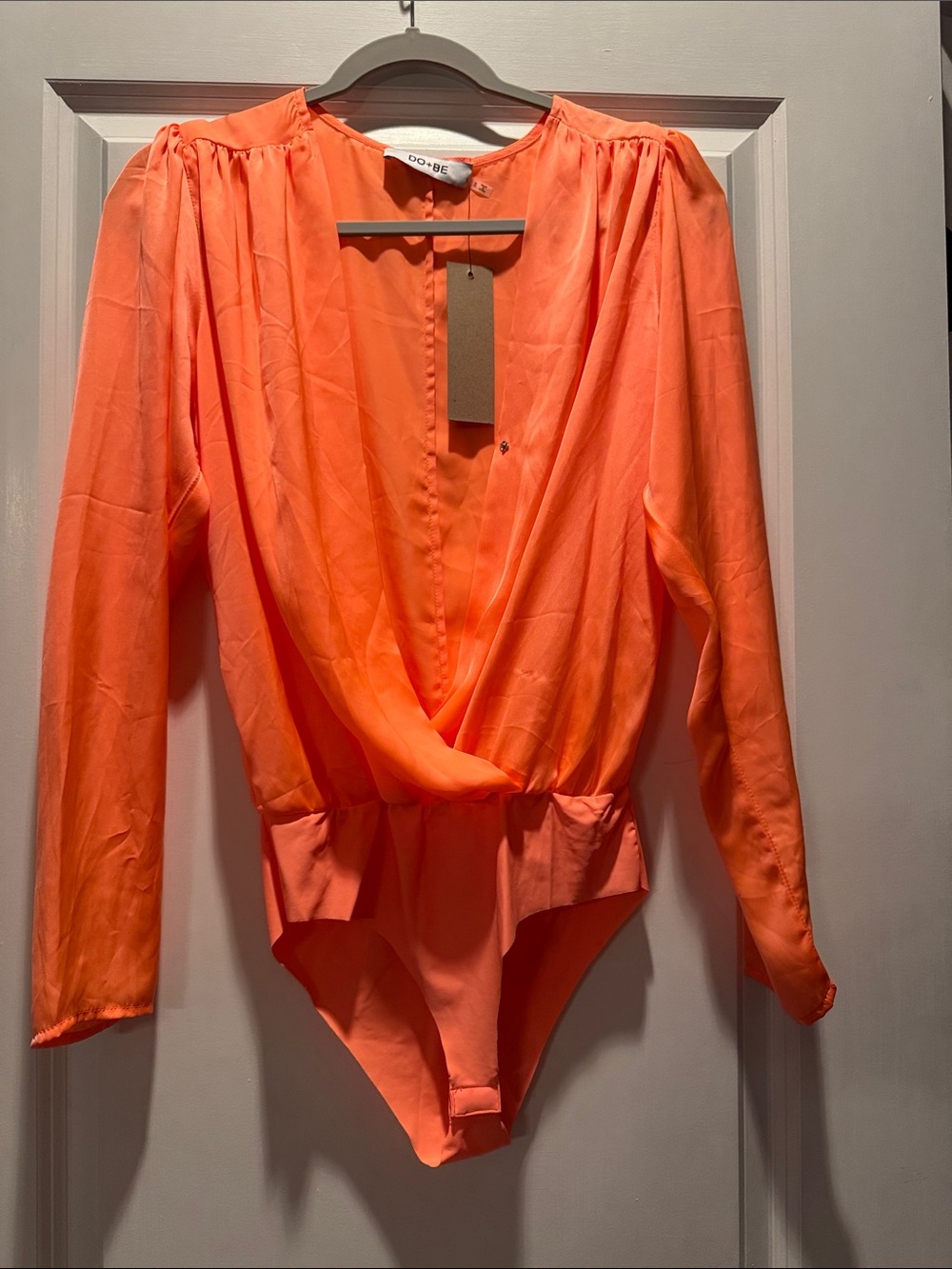 DO+BE Neon Orange Draped V-Neck Long-Sleeve Bodysuit